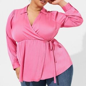 Torrid Blouse Stripe Satin Collared Surplice NWT 3X Hot Pink